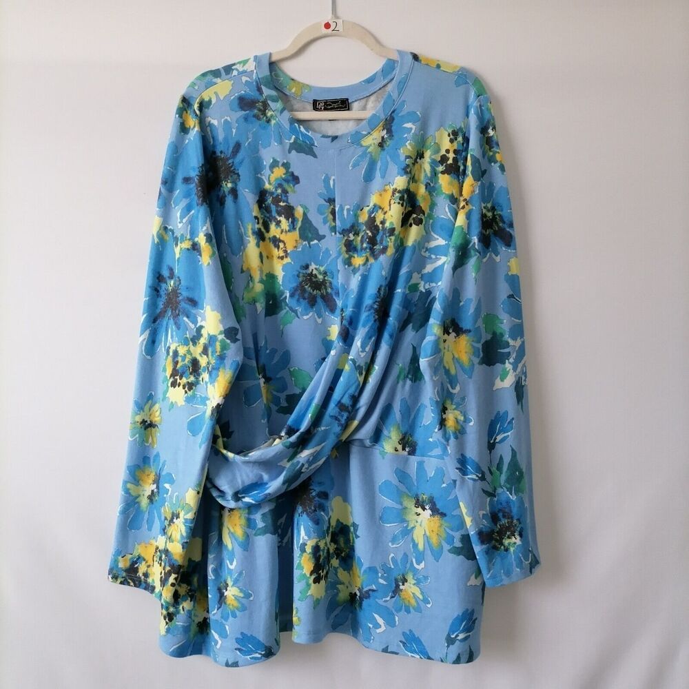 DG2 Diane Gilman Women's Blue Floral Faux Wrap Blouse Top Size 3X